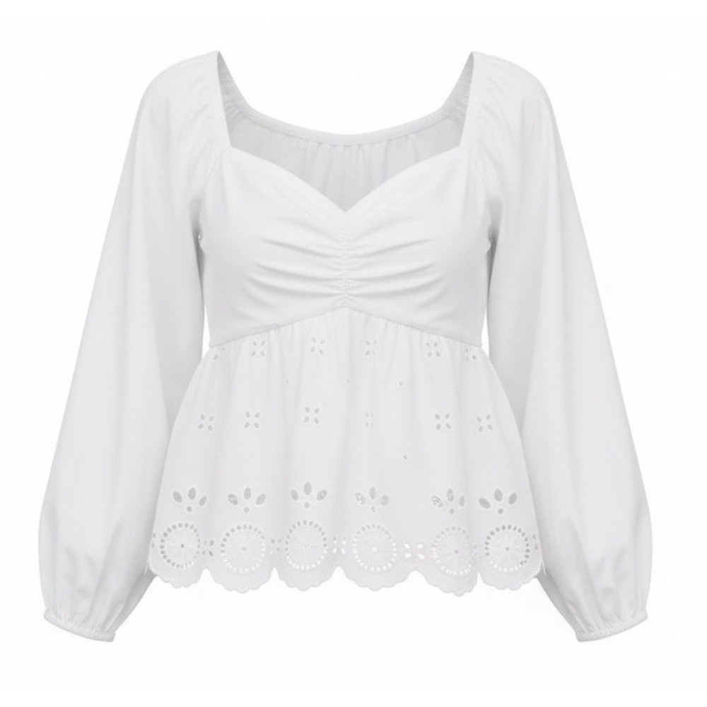Women's Blouse M White Eyelet Embroidered Square Neck Fairy Babydoll Cottagecore